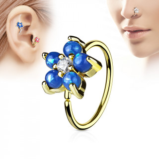 Piercing anneau nez / cartilage dor  fleur d'opales bleues et strass