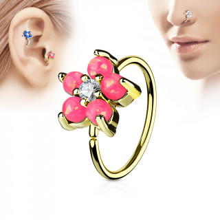 Piercing anneau nez / cartilage doré à fleur d'opales roses et strass