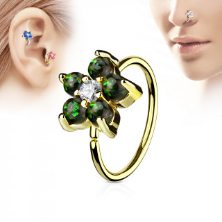 Piercing anneau nez / cartilage dor  fleur d'opales vert fonc et strass