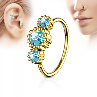 Piercing anneau nez / cartilage dor  trio de soleils  strass - Bleu aqua