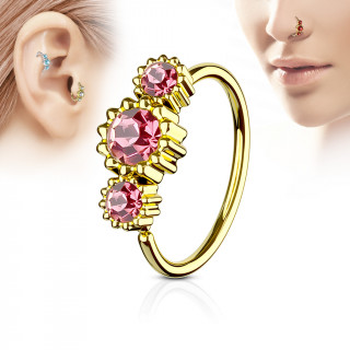 Piercing anneau nez / cartilage dor  trio de soleils  strass - Rose