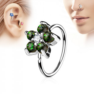 Piercing anneau nez / cartilage  fleur d'opales vert fonc et strass