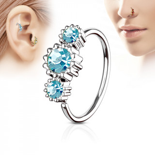 Piercing anneau nez / cartilage  trio de soleils  strass - Bleu aqua