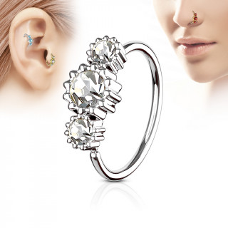 Piercing anneau nez / cartilage  trio de soleils  strass - Clair