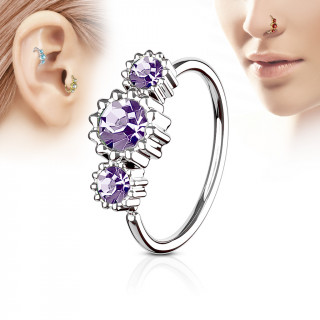 Piercing anneau nez / cartilage  trio de soleils  strass - Violet tanzanite