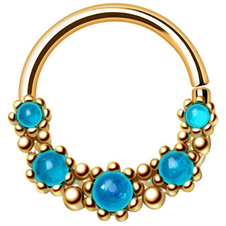 Piercing anneau tordable dor  base perle et sertie d'opales bleues