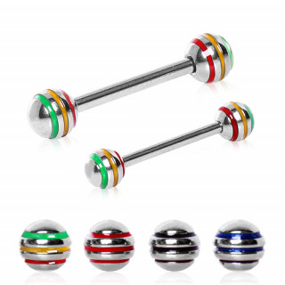 Piercing barbell acier  boules rainures colores