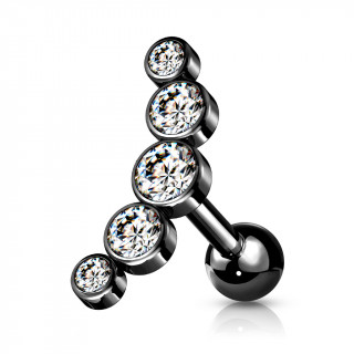 Piercing barbell cartilage noir  arc de 5 cristaux ronds