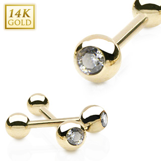 Piercing barbell (langue, tragus...) en or jaune 14 carats  boule zirconium