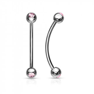 Piercing barbell long courb  boules serties - Rose