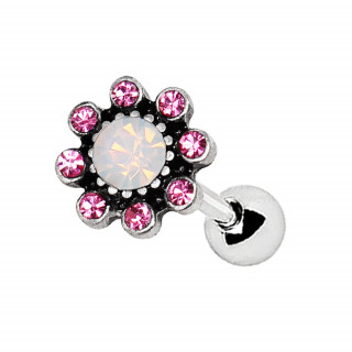 Piercing cartilage  fleur strass roses et opale claire