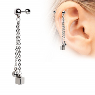 Piercing cartilage acier à boule et cube enchainés