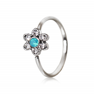 Piercing anneau fleur strass et opale bleue