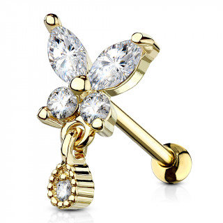 Piercing cartilage doré à papillon zirconium et goutte