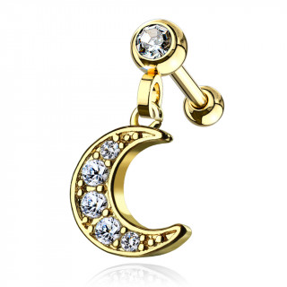 Piercing cartilage dor  pendentif lune pave de strass