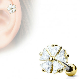 Piercing cartilage fleur à pétales strass triangulaires - Doré