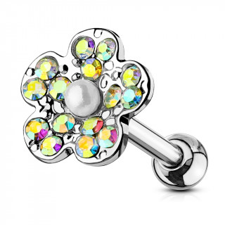 Piercing cartilage fleur  perle blanche et ptales strass