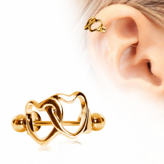 Piercing cartilage hélix doré en acier à coeurs enlacés