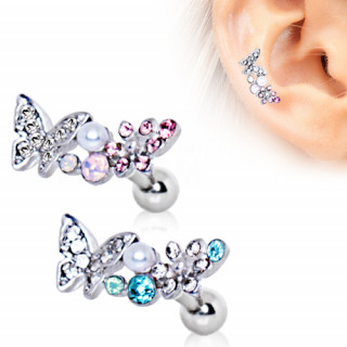 Piercing cartilage helix papillon et fleur avec perle