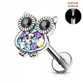 Piercing cartilage hibou strass multicolores (tige labret)