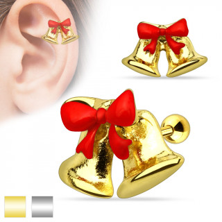 Piercing cartilage oreille cloches de Noel / Paques avec ruban rouge