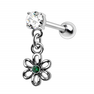 Piercing cartilage d'oreille  fleur suspendue strass vert