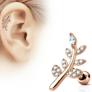 Piercing cartilage oreille plaqu or rose  feuille strass clairs