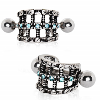 Piercing cartilage steampunk gris à strass bleus