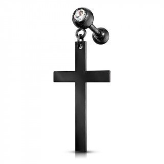 Piercing cartilage strass  pendentif croix latine - Noir