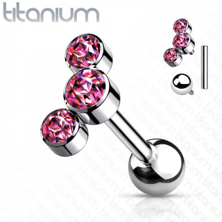 Piercing cartilage Titane G23 à trio de cristaux (filetage interne) - Rose