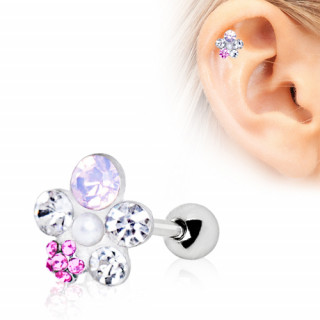 Piercing cartilage tragus helix double fleur de strass avec perle