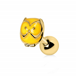 Piercing cartilage tragus hélix plaqué or avec chouette jaune