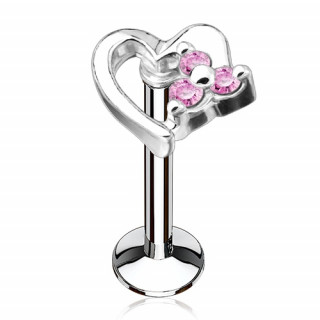 Piercing coeur à petite fleur strass (lèvre, cartilage) - Rose