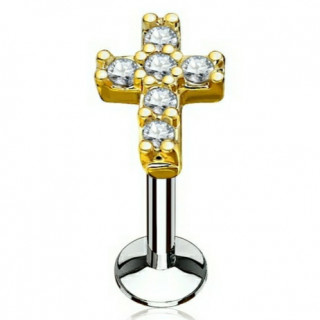 Piercing croix latine dore pave de strass (lvre, cartilage)