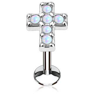 Piercing croix latine pave d'opales blanches (lvre, cartilage)