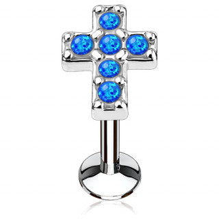 Piercing croix latine pave d'opales bleues (lvre, cartilage)