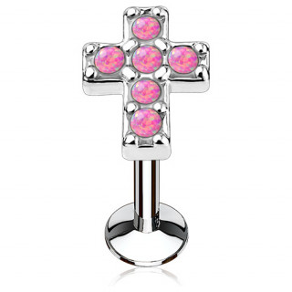 Piercing croix latine pave d'opales roses (lvre, cartilage)