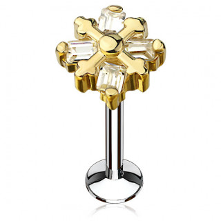 Piercing croix pattée dorée à rectangles strass (lèvre, cartilage)