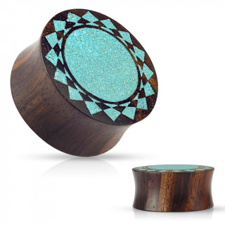 Piercing carteur plug en bois de sono marron  soleil tribal turquoise