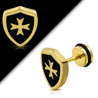 Piercing faux plug bouclier templier à croix de malte dorée