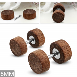 Piercing faux plug en acier et bois marron - 8mm