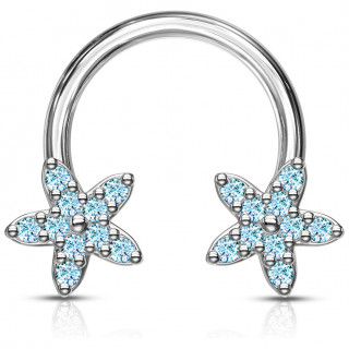 Piercing fer à cheval à fleurs serties de strass bleus aqua (septum, daith...)