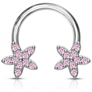 Piercing fer  cheval  fleurs serties de strass roses (septum, daith...)