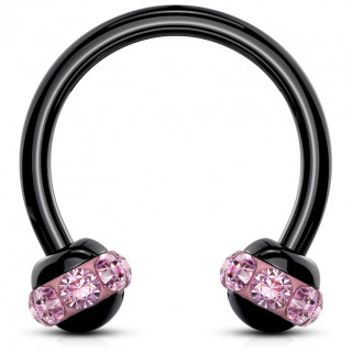 Piercing fer  cheval PVD noir  boules cercles de cristaux - Rose