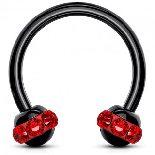 Piercing fer  cheval PVD noir  boules cercles de cristaux - Rouge