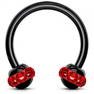 Piercing fer  cheval PVD noir  boules cercles de cristaux - Rouge