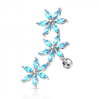 Piercing hlix arqu  fleurs strass - Bleu aqua