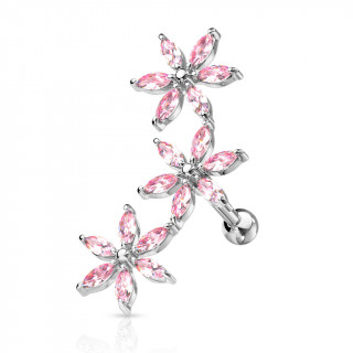 Piercing hlix arqu  fleurs strass - Rose