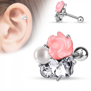 Piercing hlix / cartilage  rose fimo, perle et papillon en strass