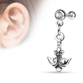 Piercing hlix / cartilage avec pendentif ancre de marine style fleur de Lys